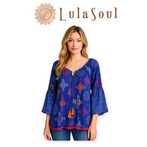 LulaSoul Blue Pink Embroidered Boho Top Bell Sleeve Vacation Beach Resort Small